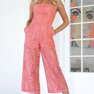 French Connection Women's 8 Pink Coral Lace & Sheer Fitted Jumpsuit